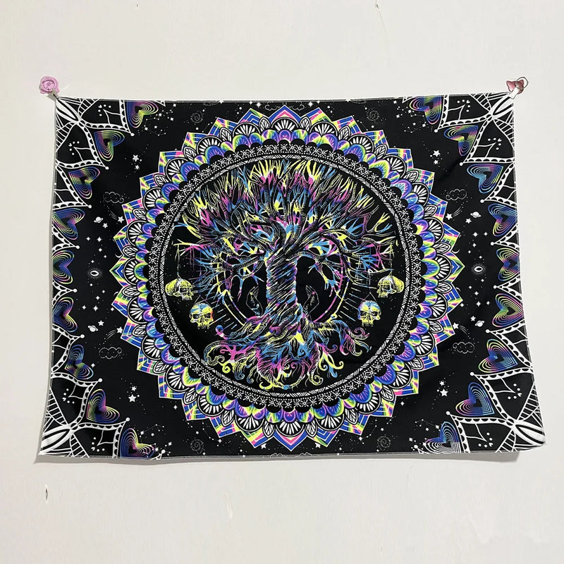 Axyaa UV Mushroom Mandala Tapestry for Home & Bedroom - Psychedelic Aesthetic Room Decor