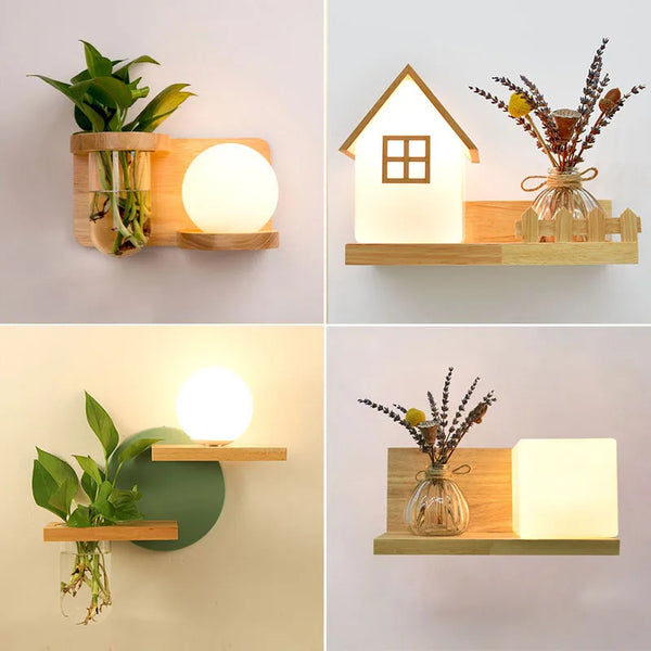 Nordic Green Plant Pot Wooden Lamp by Axya: Modern LED Wall Light for Home Decor