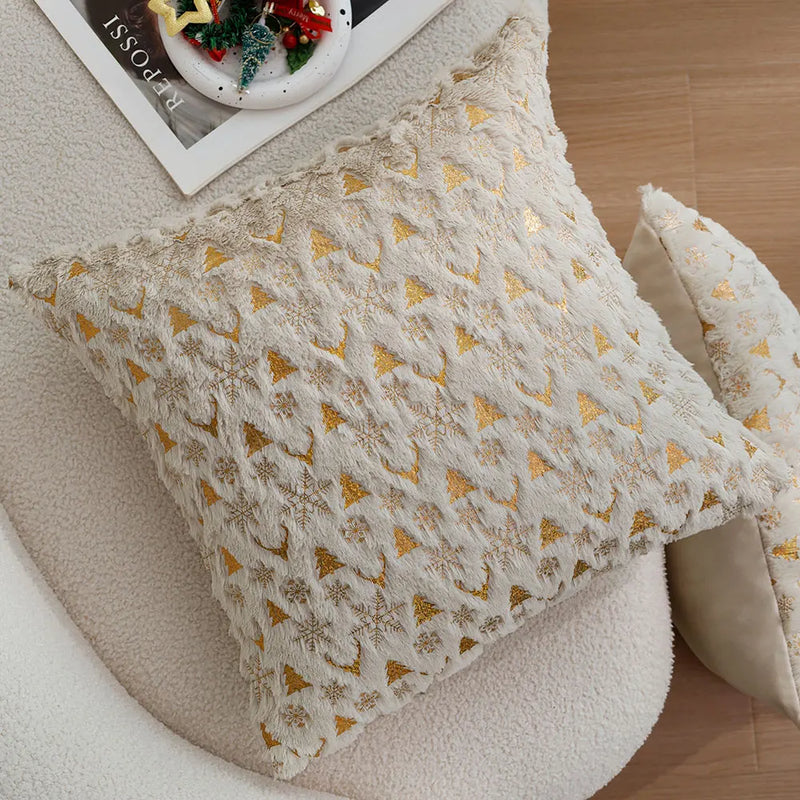 Axyaa Snowflake Elk Foil Print Cushion Cover - Soft Plush Xmas Throw Pillow