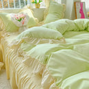 Axyaa Princess Korean Style Bedding Set, Solid Color Double Bedspread & Ruffled Duvet Cover