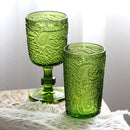 Axyaa Vintage Green Amber Embossed Wine Goblets Heavy Thick Glass Cup Set