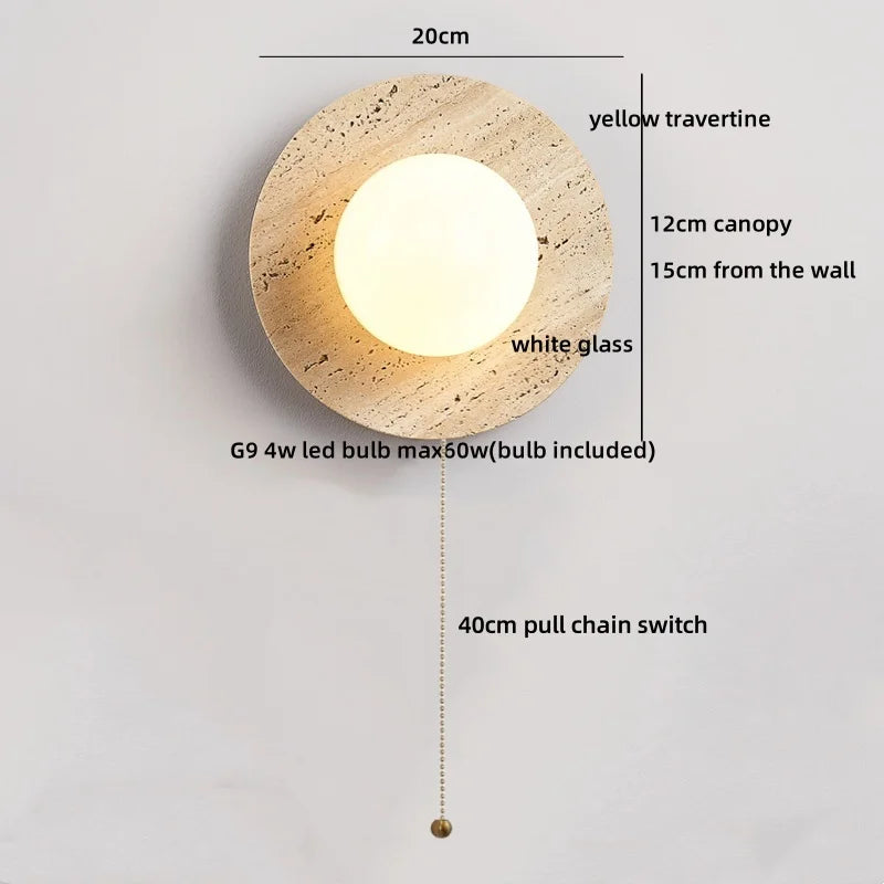 Axyaa Round Yellow Travertine Wall Light - Wabi Sabi Interior Bedside Lamp