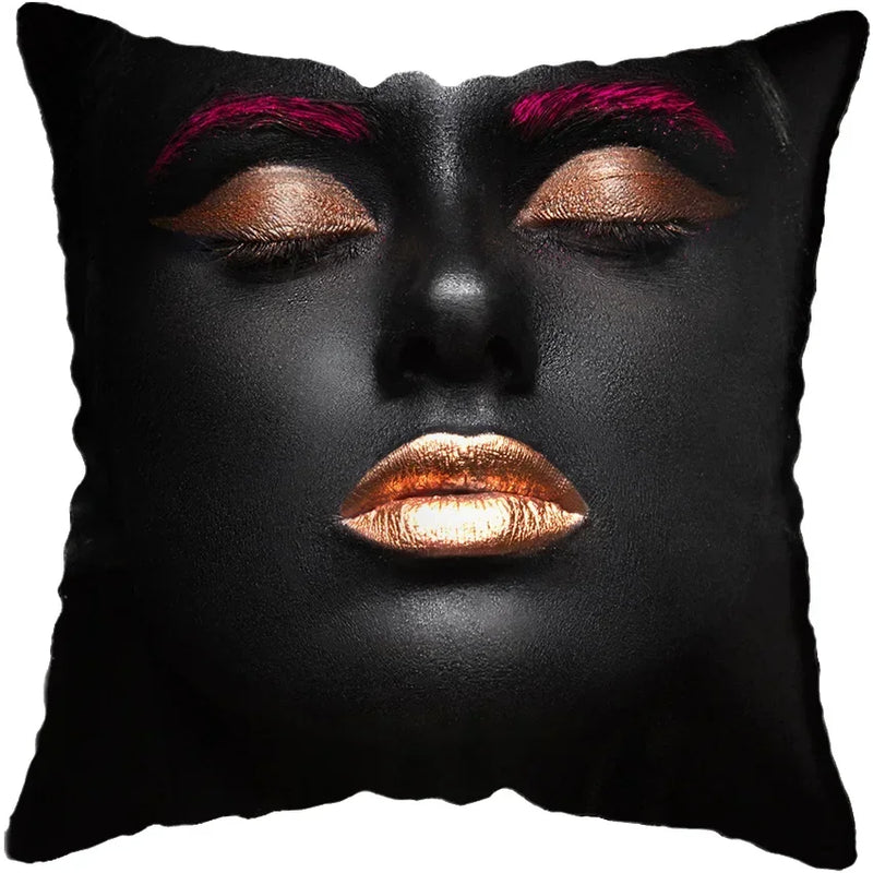 Axyaa Black Gold African Lady Woman Art Deco Pillowcase