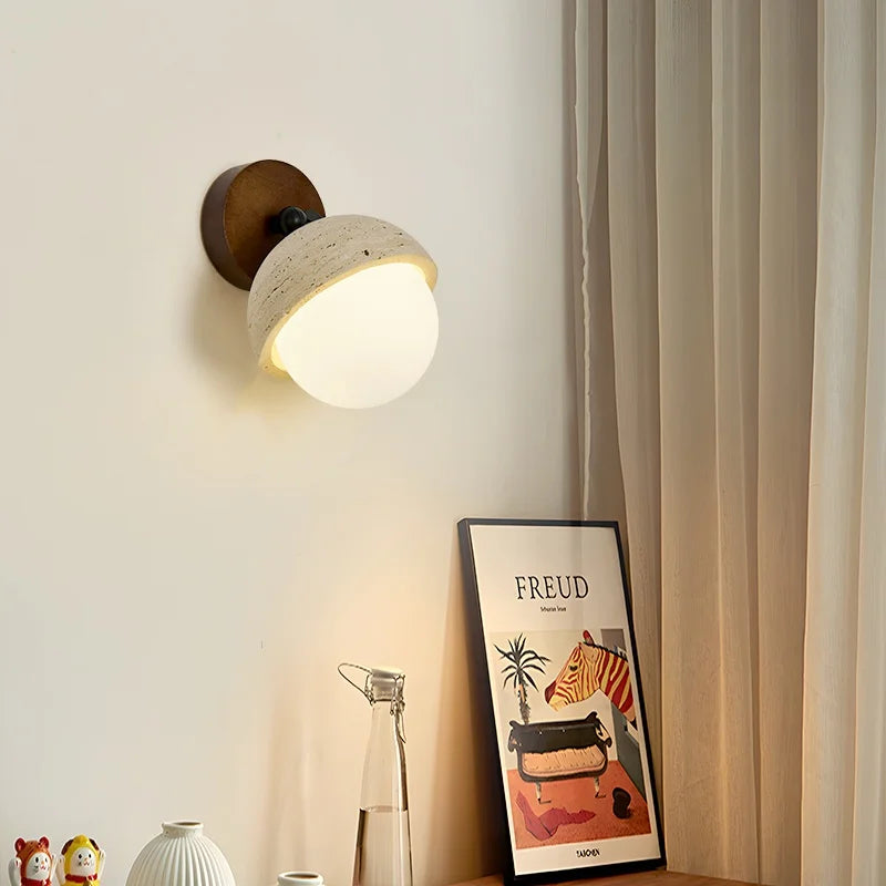 Axyaa White Glass LED Wall Lamps Pull Chain Yellow Travertine Modern Nordic Light