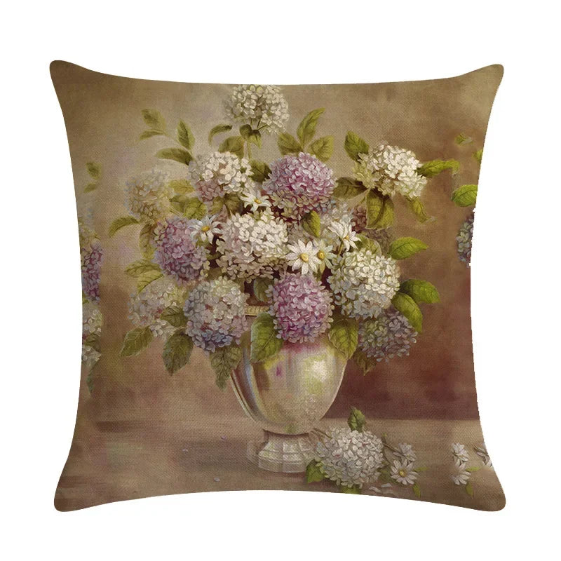 Axyaa Retro Flower Oil Painting Linen Pillowcase 45*45cm