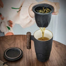 Axyaa Retro Ceramic Tea Cup with Wooden Handle, Large Capacity Filter Mug