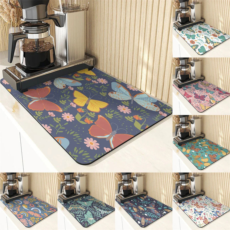 Butterfly Print Table Mat Coaster Set by Axyaa: Kitchen Accessories Absorbent Drying Mat