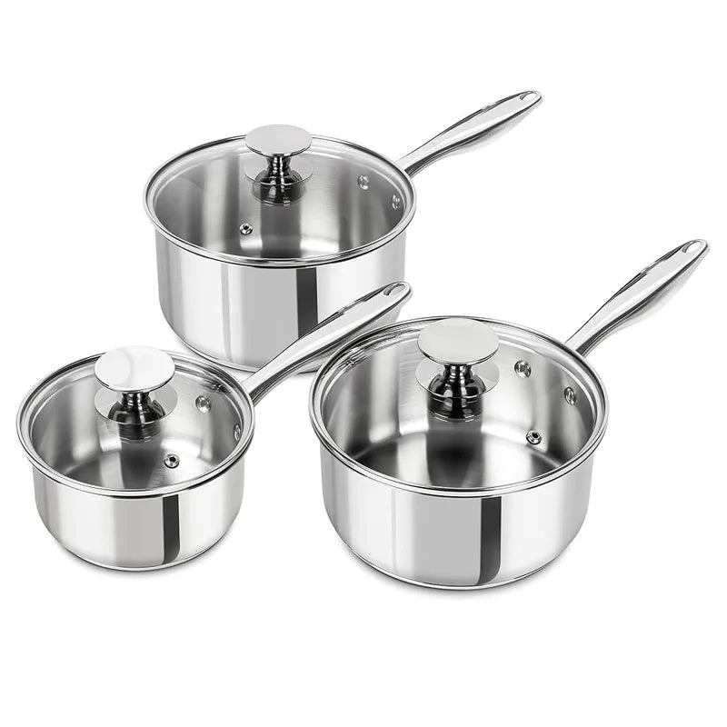 Axyaa 3Pc Stainless Steel Stew Pot Set with Lid & Steel Handle, Induction Compatible