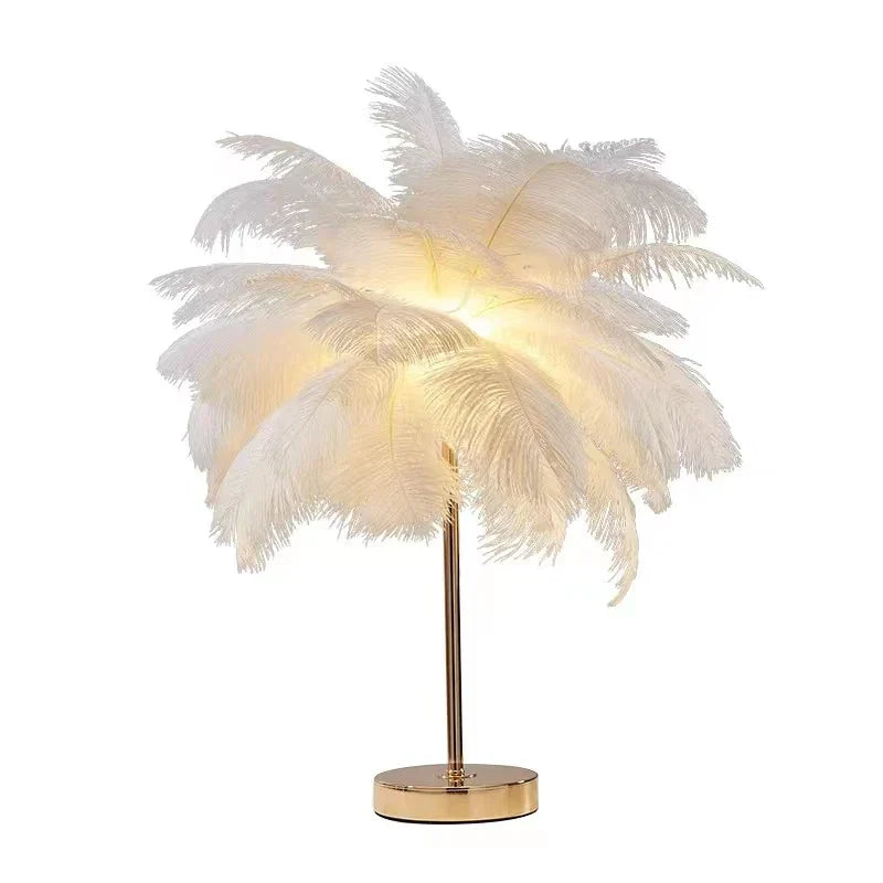 Axyaa Nordic Feather Table Lamp White Pink Ostrich Romantic Bedside Wedding Home Decor