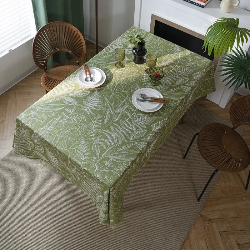Axya Green Leaf Dining Table Cloth in American Fabric Art, Rectangle Design
