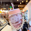 Axyaa Transparent Glass Water Bottle with Pearl Bracelet & Straw - 400ML