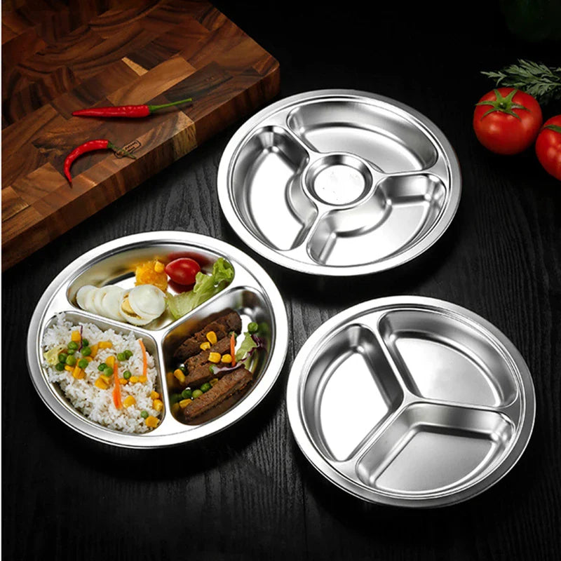 Axyaa Stainless Steel Divided Round Serving Tray Dinner Plates Canteen Lunch Dishes