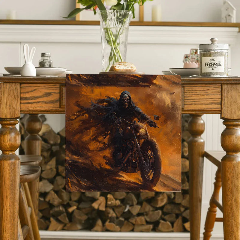 Axyaa Halloween Skull Motorcycle Table Runner Farmhouse Dining Decor Washable Long Cloth