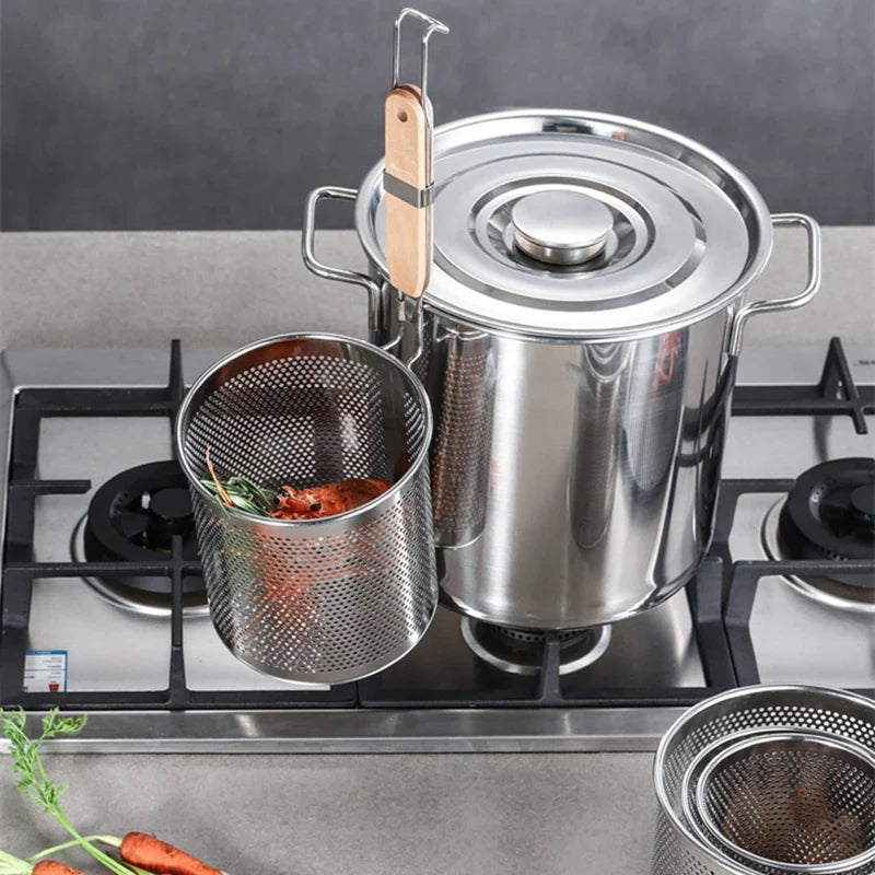 Axyaa Stainless Steel Hot Pot Colander with Wooden Handle - Kitchen Skimmer Basket