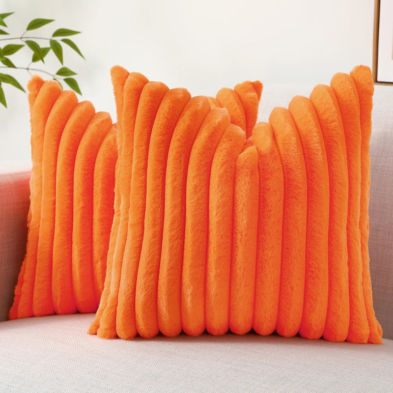 Axyaa 16x16 Faux Fur Striped Pillow Covers 2pcs - Soft Plush Velvet Back