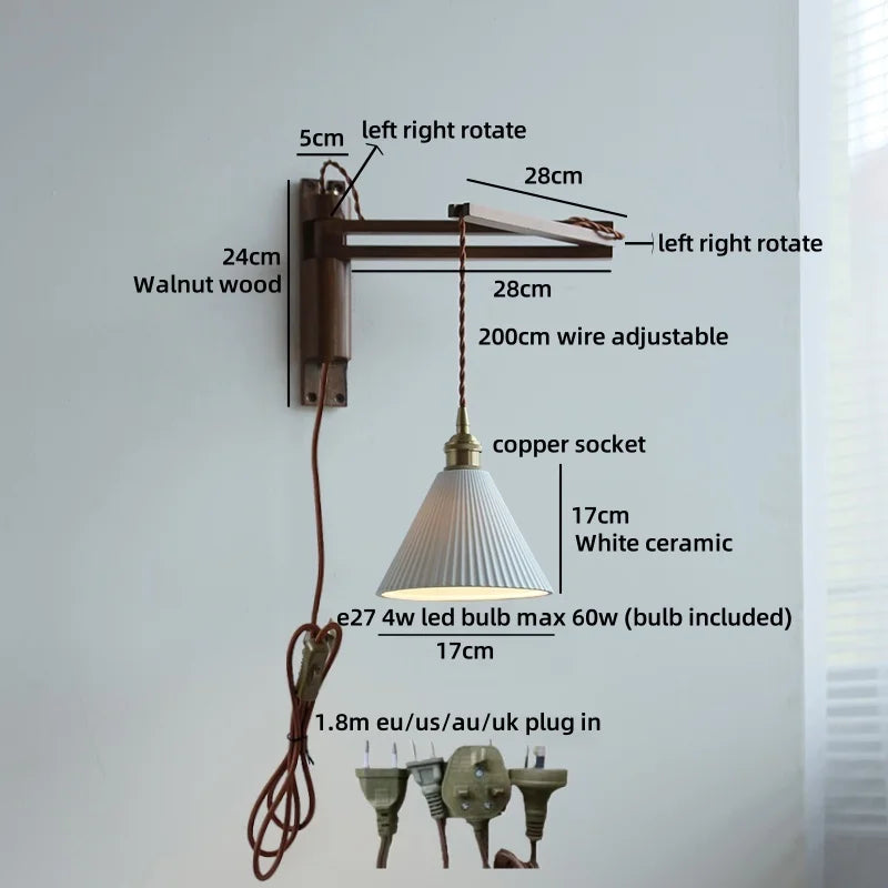 Axyaa Walnut Wood LED Wall Lamps Switch Ceramic Japan Style Kitchen Stair Light