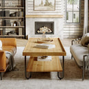 Axyaa Solid Wood Coffee Table, 2-Tier Rectangular Center Table with Metal Legs