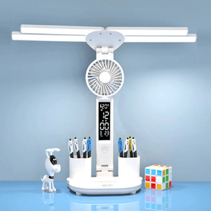 Axyaa Rechargeable Table Lamp with Fan, LED Clock Display, Study and Reading Light