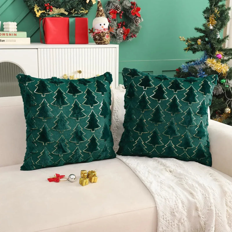 Axyaa Winter Green Faux Fur Christmas Tree Decorative Pillow Covers