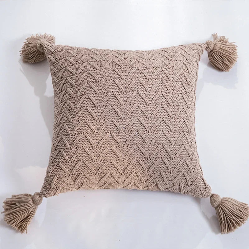 Axyaa Soft Knit Cushion Cover 45x45cm Solid Pillow Case with Tassels