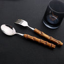 Axyaa 24Pcs Natural Bamboo Handle Stainless Steel Dinnerware Set