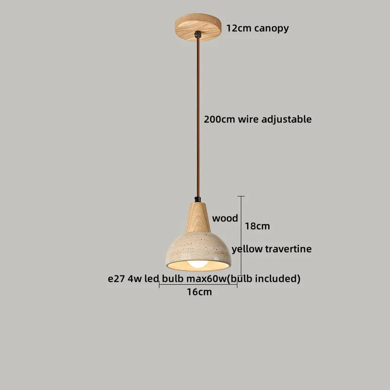 Axyaa Wabi Sabi Yellow Travertine Glass Pendant Light with Wood Handle