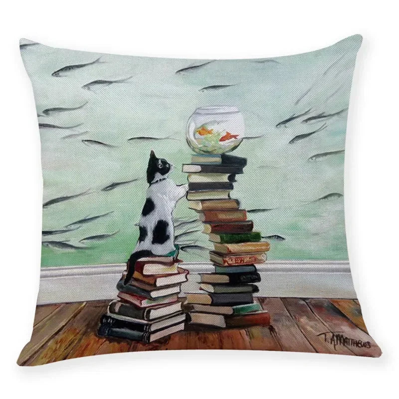 Axyaa Cat Print Linen Pillowcase 45x45cm Home Decor Cushion Cover