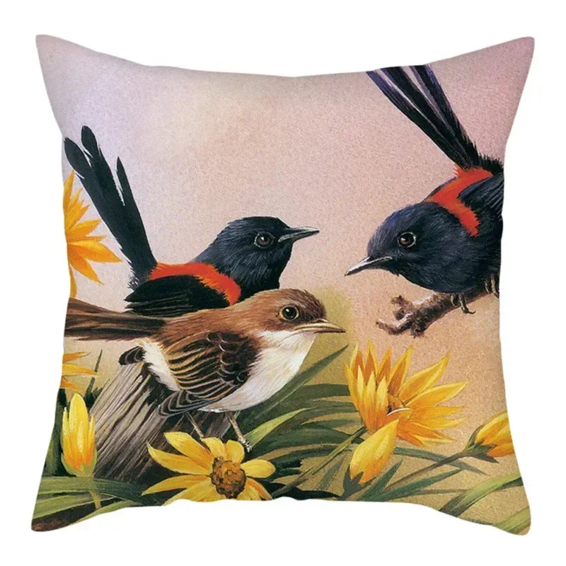 Axyaa Bird and Flower Printed Pillow Cover 45x45cm for Home Sofa Decor
