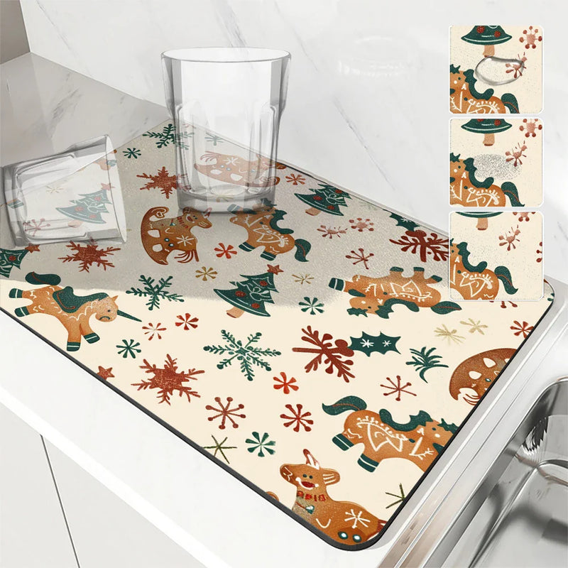 Axyaa Christmas Tree Coffee Cup Drying Mat - Absorbent Non-slip Diatoms Kitchen Mat