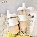 Axyaa Large Capacity Drinkware Set - Straw Plastic Cups with Leather Case & Lid