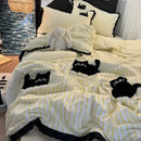 Axyaa Green Stripe Black Cat Embroidery Cotton Duvet Cover Set
