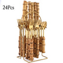 Axyaa 24Pcs Bamboo Handle Stainless Steel Cutlery Set Creative Dinnerware
