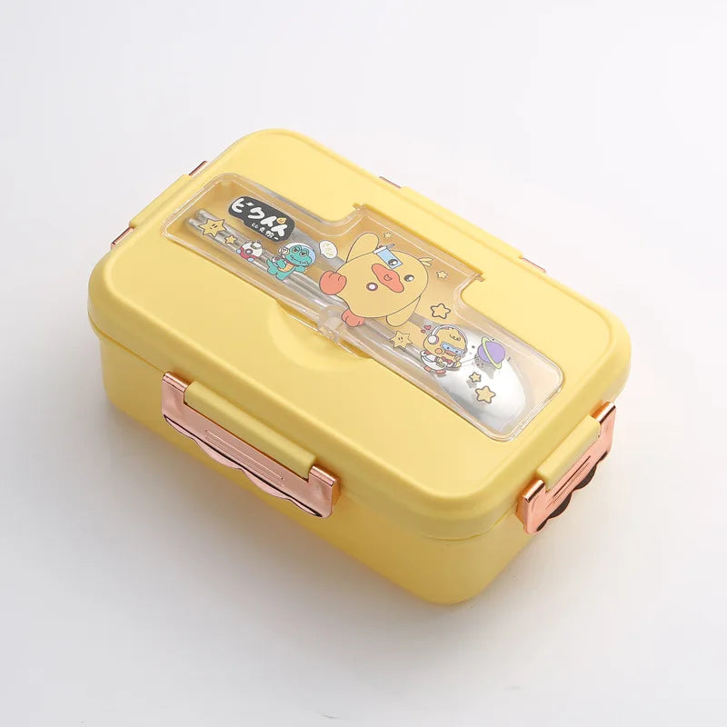 Axyaa Cartoon Pattern Bento Box with Cutlery, 3 Grid, Microwave-Safe Office Lunch Box