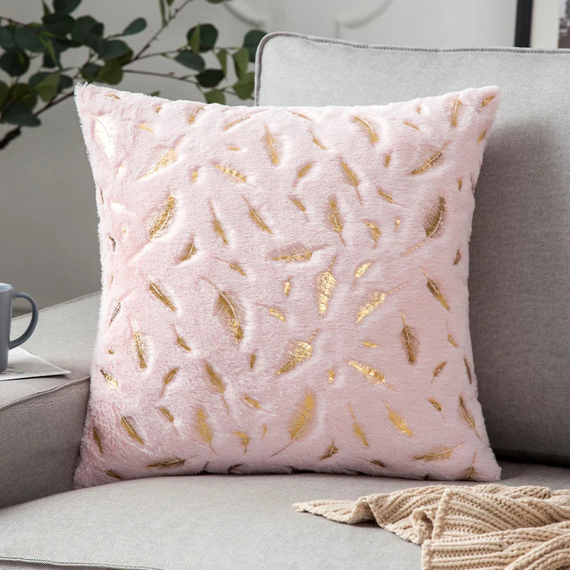 Axyaa Bronzing Golden Feather Style Plush Pillowcase for Festive Home Decor