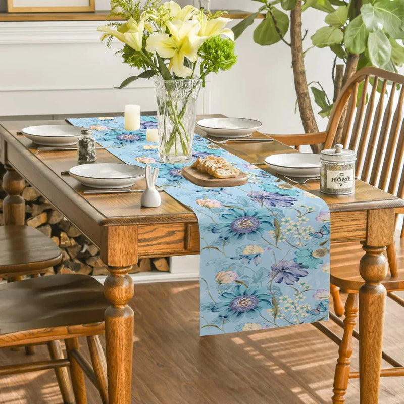 Tropical Birds & Flowers Table Runner by Axyaa: Elegant Dining Decor & Wedding Tablecloth