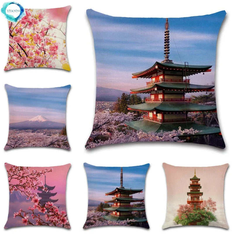 Axyaa Cherry Blossom Mountain Landscape Cushion Cover