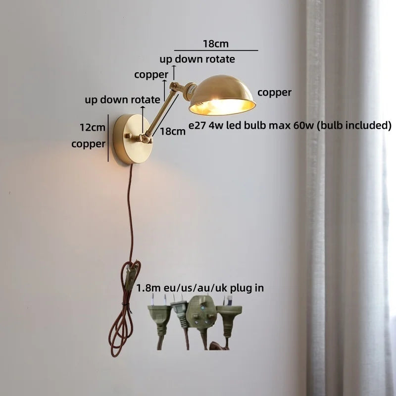 Axyaa Nordic LED Wall Lamp for Bedroom Bedside, Modern Copper Arm, Up Down Rotate, Bathroom Mirror Light