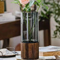 Axyaa Nordic Glass Vase with Wooden Base for Elegant Living Room Décor and Floral Display