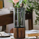 Axyaa Nordic Glass Vase with Wooden Base for Elegant Living Room Décor and Floral Display