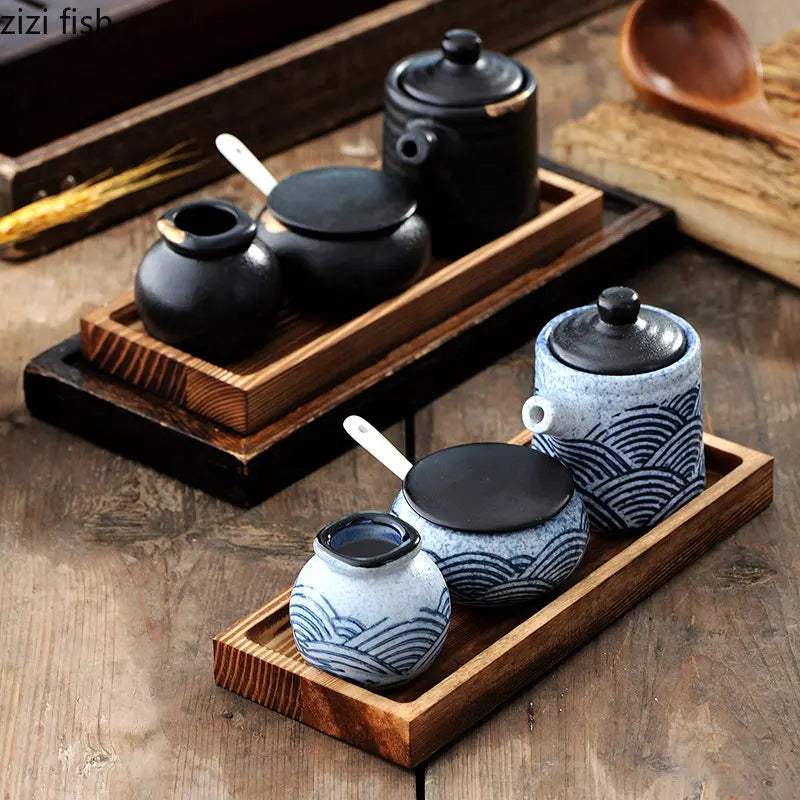 Axya Ceramic Spice Jars Set with Wooden Tray - Kitchen Seasoning Organizer