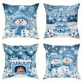 Axyaa Winter Christmas Pillow Cover - Festive Snowman, Tree, Fireplace Design in Blue