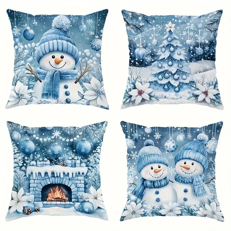 Axyaa Winter Christmas Pillow Cover - Festive Snowman, Tree, Fireplace Design in Blue