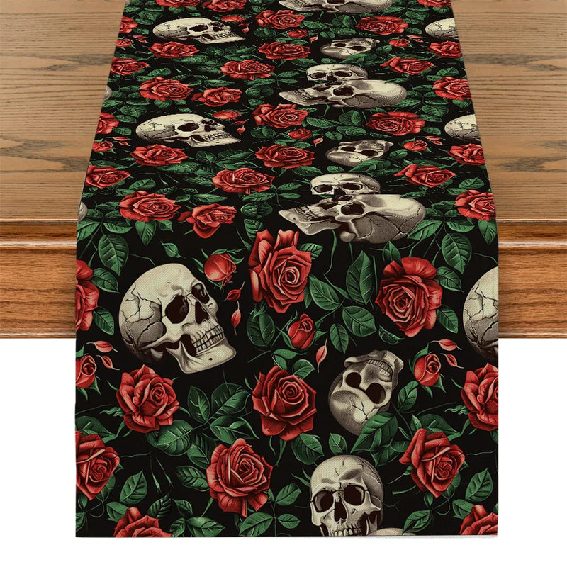 Axyaa Skull Rose Table Runner: Washable, Indoor Outdoor Dining Decoration
