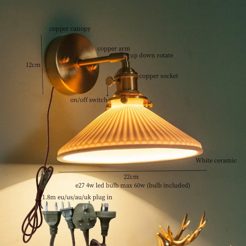 Axyaa Nordic LED Wall Lamps, Modern Copper Arm Ceramic Light for Living Room, Bedroom