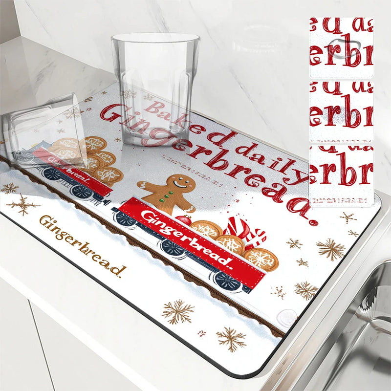 Christmas Gingerbread Snowflake Drying Mat by Axyaa: Non-Slip Absorbent Kitchen Placemat