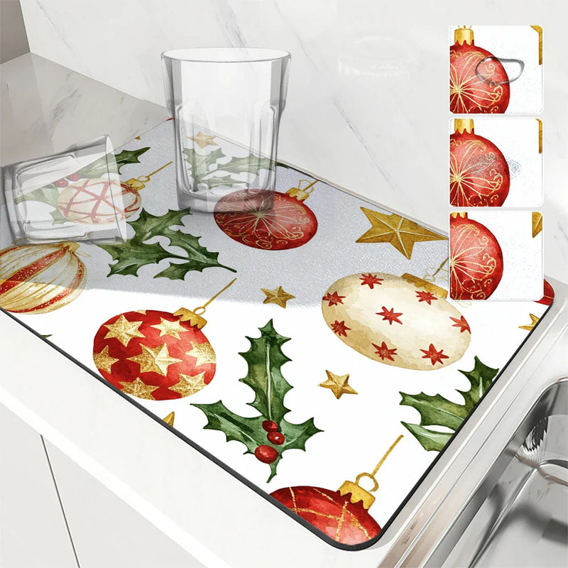 Axyaa Christmas Dish Drying Mat - Heat Resistant Non-slip Kitchen Counter Pad