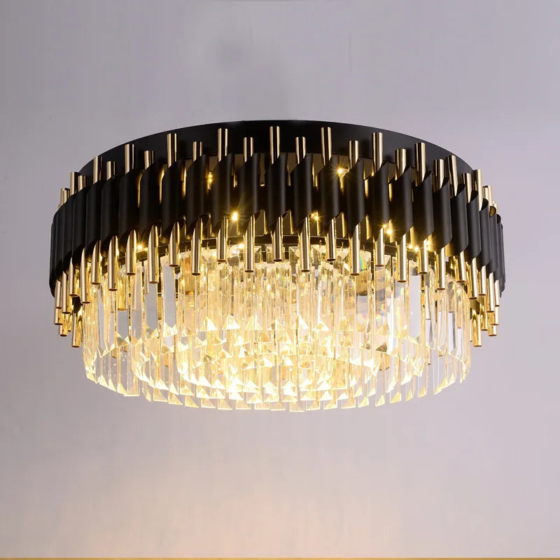 Axyaa Modern LED Crystal Ceiling Chandelier - Gold Black, Elegant Pendant Lamp for Living Room, Bedroom, Kitchen