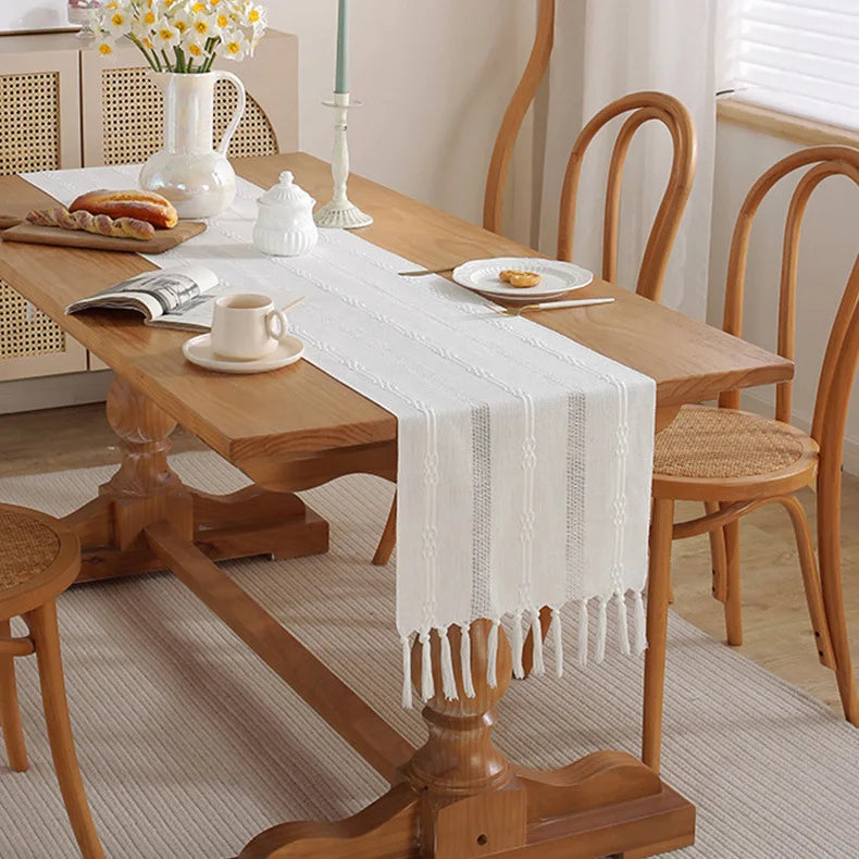 Axya Geometric Jacquard Table Runner with Tassel Detail - Stylish Dining Decor