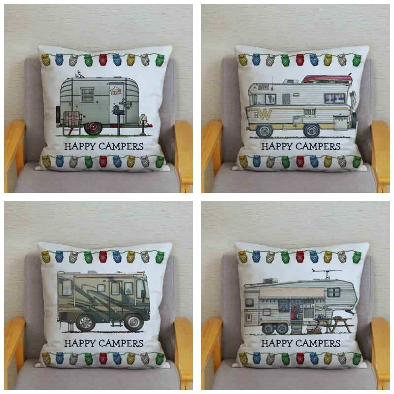 Happy Campers Owl Motorhome Print Pillow Case by Axyaa