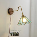 Axyaa Green Glass Copper LED Wall Sconce with Pull Chain Switch and Walnut Wood Base